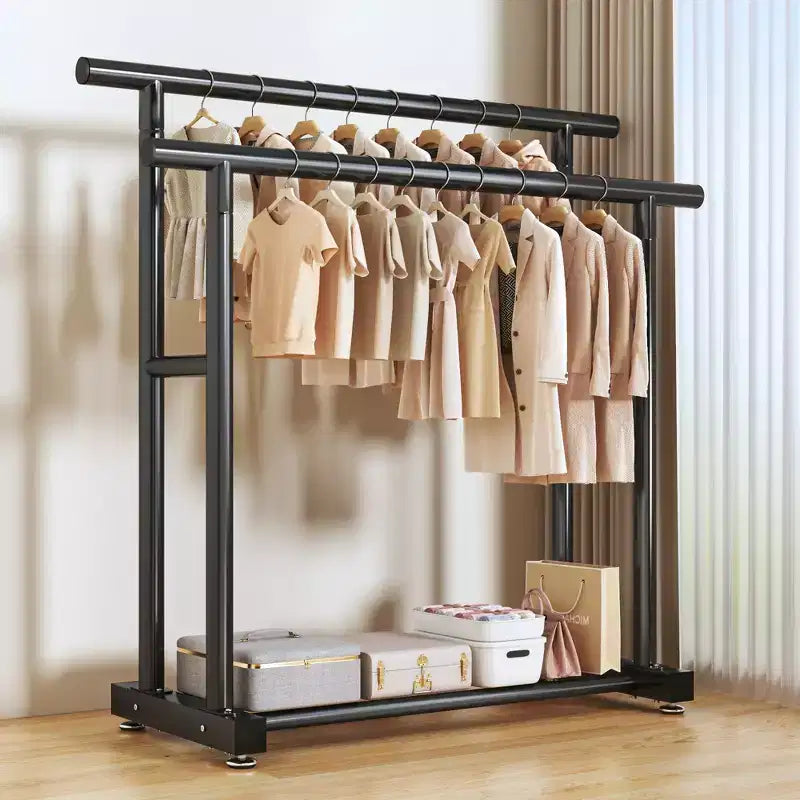 Heavy Duty Rolling Double-Tier Clothes Rack, Double Hanging Rails with Side Extension Rods and Bottom Storage Shelf