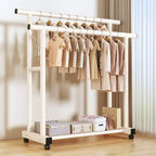 Heavy Duty Rolling Double-Tier Clothes Rack, Double Hanging Rails with Side Extension Rods and Bottom Storage Shelf