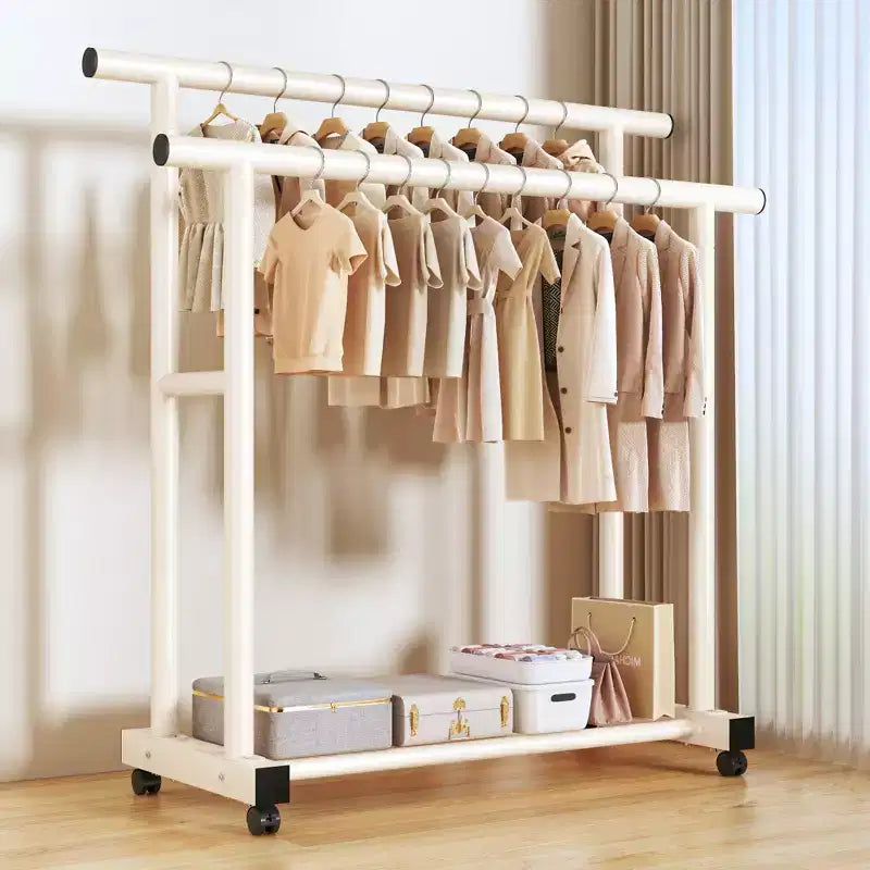 Heavy Duty Rolling Double-Tier Clothes Rack, Double Hanging Rails with Side Extension Rods and Bottom Storage Shelf