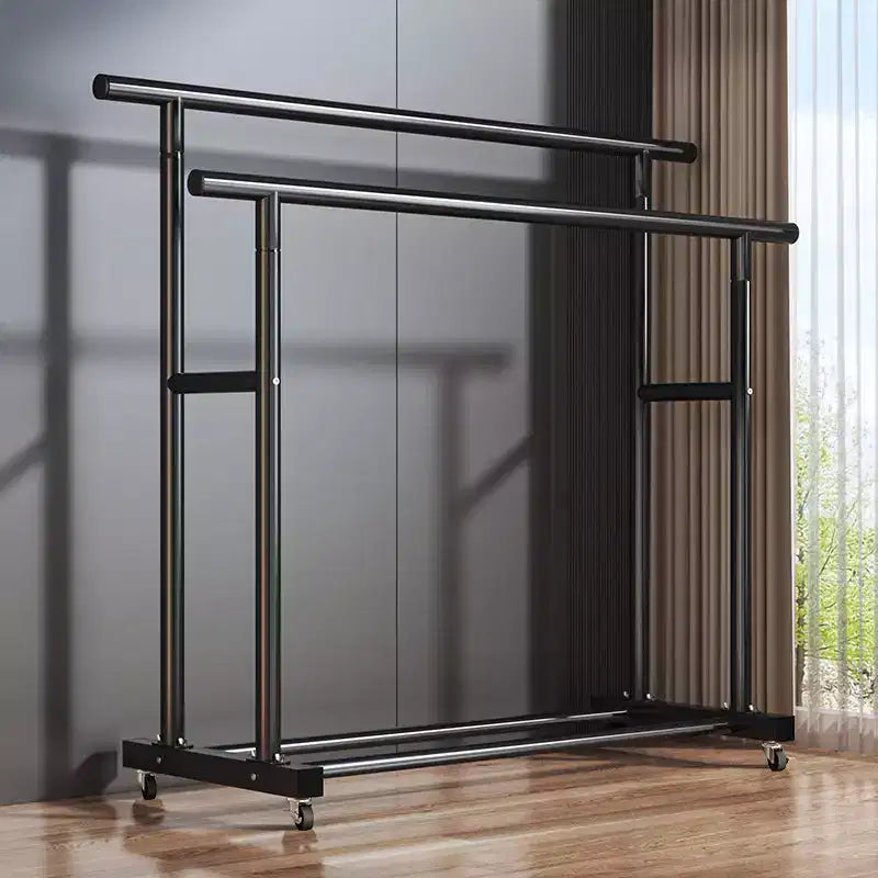 Heavy Duty Rolling Double-Tier Clothes Rack, Double Hanging Rails with Side Extension Rods and Bottom Storage Shelf
