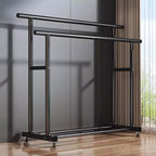 Heavy Duty Rolling Double-Tier Clothes Rack, Double Hanging Rails with Side Extension Rods and Bottom Storage Shelf