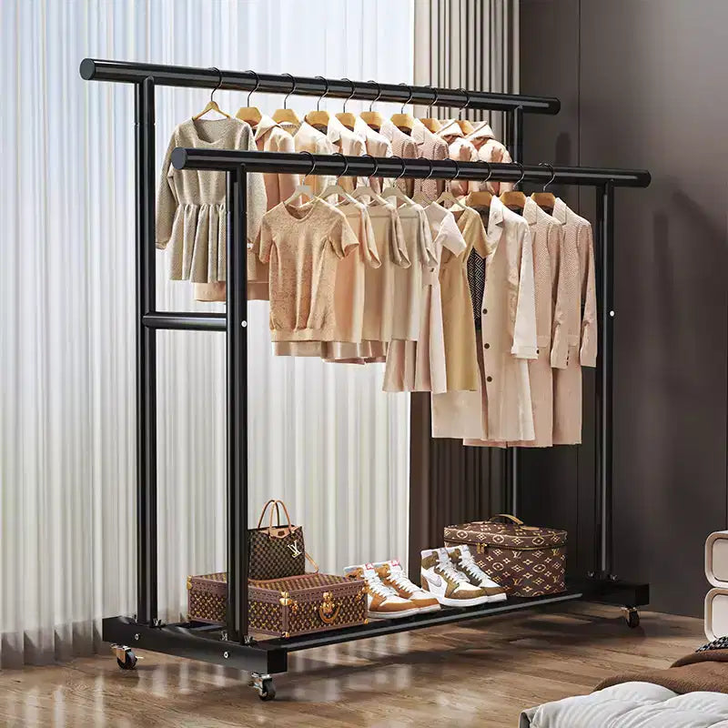 Heavy Duty Rolling Double-Tier Clothes Rack, Double Hanging Rails with Side Extension Rods and Bottom Storage Shelf