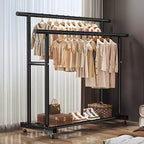 Heavy Duty Rolling Double-Tier Clothes Rack, Double Hanging Rails with Side Extension Rods and Bottom Storage Shelf