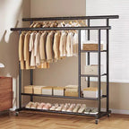 Heavy Duty Rolling Double-Tier Clothes Rack, Double Hanging Rails with Side Extension Rods and Bottom Storage Shelf