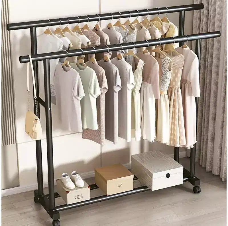 Heavy Duty Rolling Double-Tier Clothes Rack, Double Hanging Rails with Side Extension Rods and Bottom Storage Shelf
