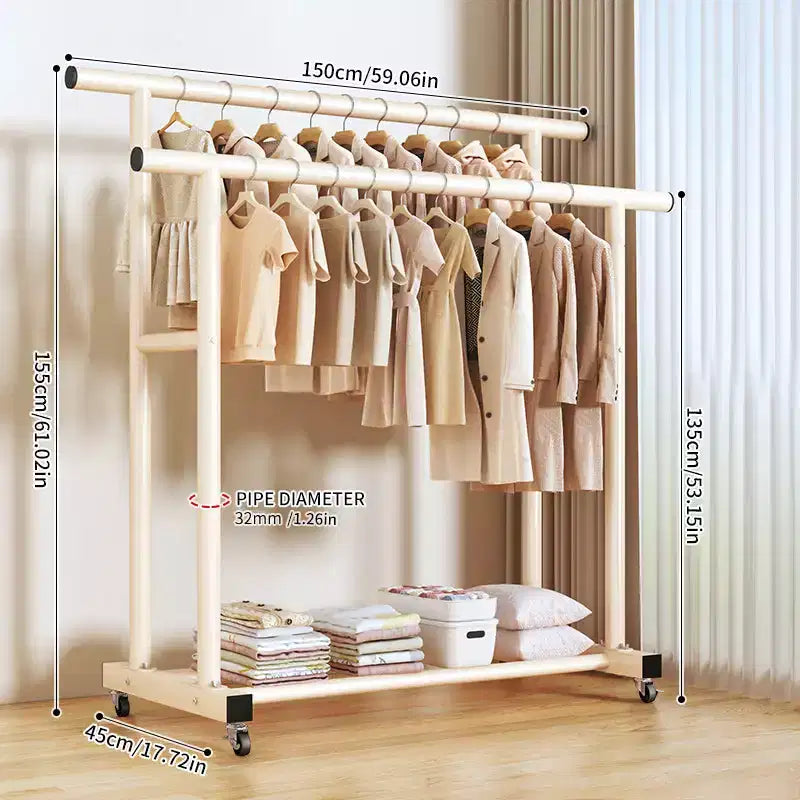 Heavy Duty Rolling Double-Tier Clothes Rack, Double Hanging Rails with Side Extension Rods and Bottom Storage Shelf