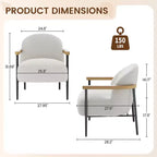 Modern Accent Chair with Teddy Fabric, Wood Arms and Adjustable Feet, Comfy Chair for Living Room, White