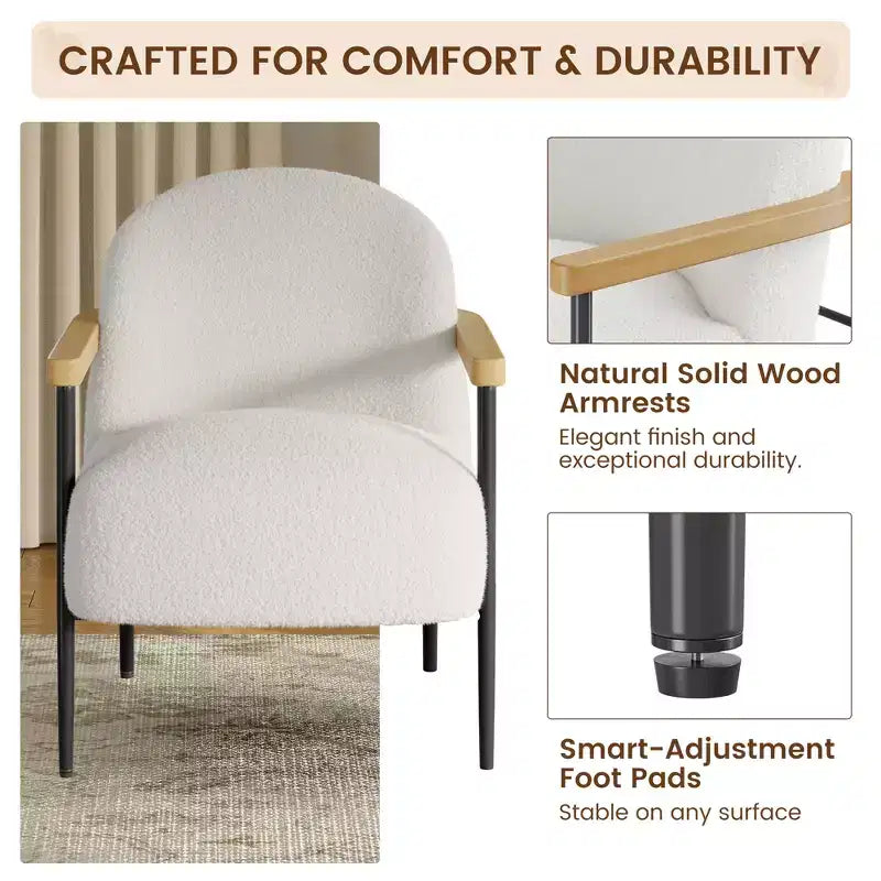 Modern Accent Chair with Teddy Fabric, Wood Arms and Adjustable Feet, Comfy Chair for Living Room, White