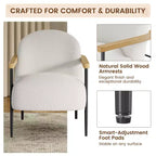 Modern Accent Chair with Teddy Fabric, Wood Arms and Adjustable Feet, Comfy Chair for Living Room, White