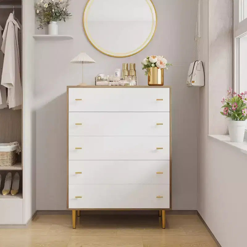 44" Farmhouse Dresser with 5 Drawers, Natural Wood Rustic Chest with Metal Bar Handles for Bedroom & Living Room