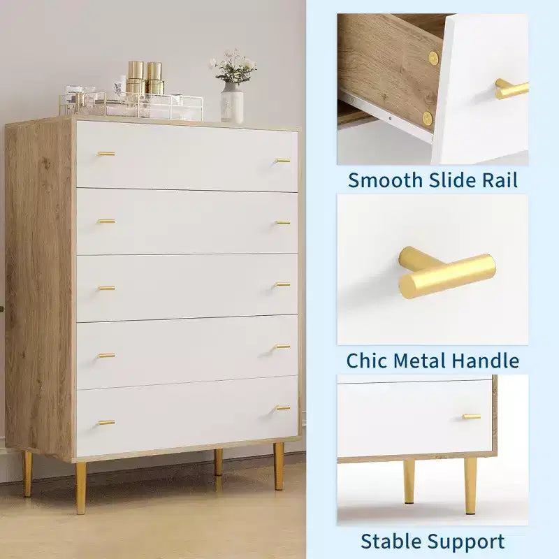 44" Farmhouse Dresser with 5 Drawers, Natural Wood Rustic Chest with Metal Bar Handles for Bedroom & Living Room