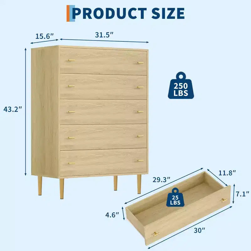 44" Farmhouse Dresser with 5 Drawers, Natural Wood Rustic Chest with Metal Bar Handles for Bedroom & Living Room