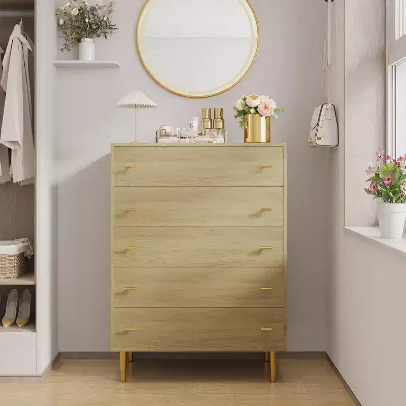 44" Farmhouse Dresser with 5 Drawers, Natural Wood Rustic Chest with Metal Bar Handles for Bedroom & Living Room