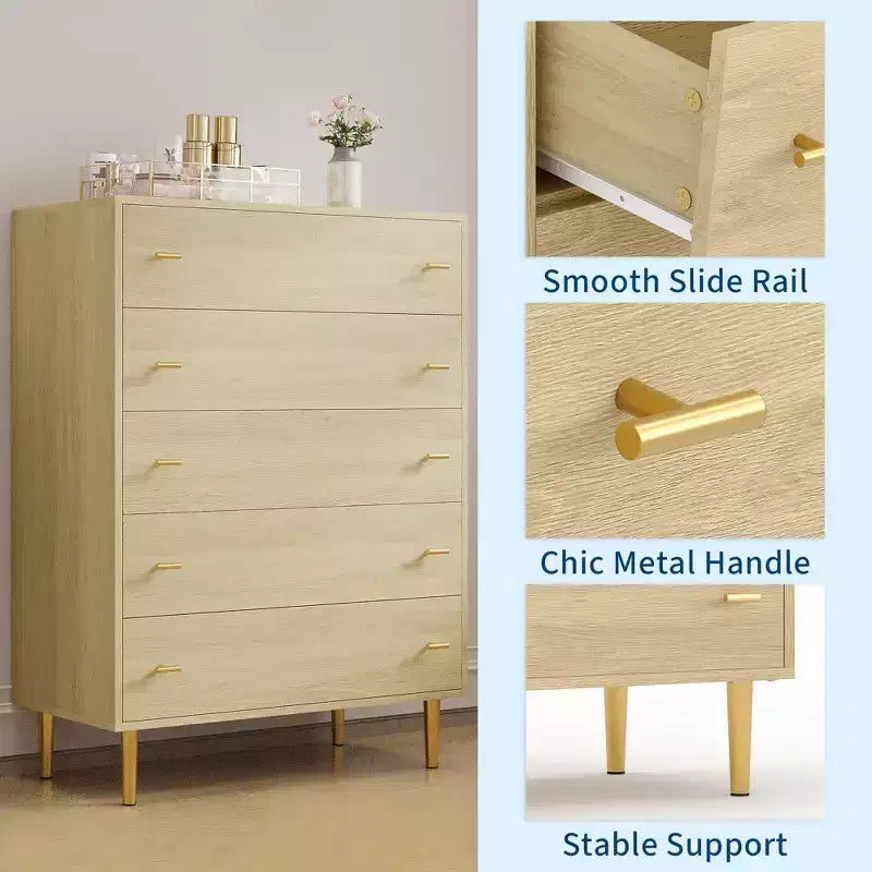 44" Farmhouse Dresser with 5 Drawers, Natural Wood Rustic Chest with Metal Bar Handles for Bedroom & Living Room