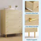 44" Farmhouse Dresser with 5 Drawers, Natural Wood Rustic Chest with Metal Bar Handles for Bedroom & Living Room