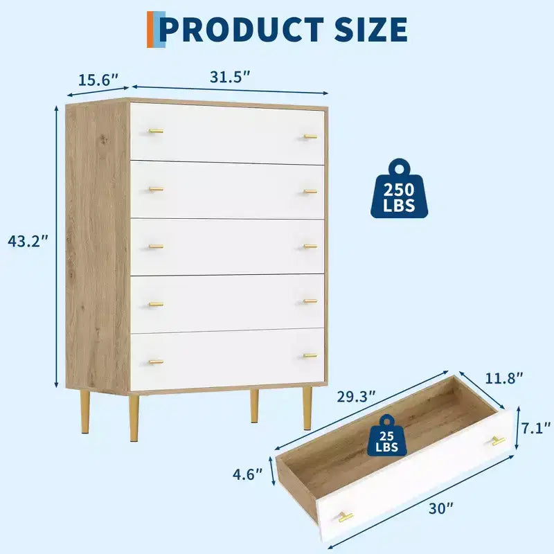 44" Farmhouse Dresser with 5 Drawers, Natural Wood Rustic Chest with Metal Bar Handles for Bedroom & Living Room