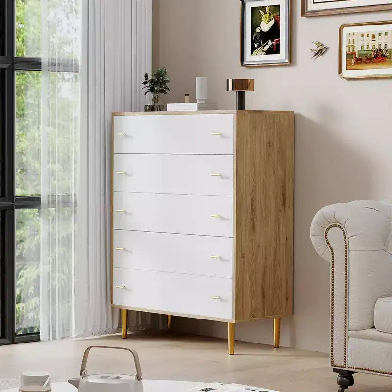 44" Farmhouse Dresser with 5 Drawers, Natural Wood Rustic Chest with Metal Bar Handles for Bedroom & Living Room
