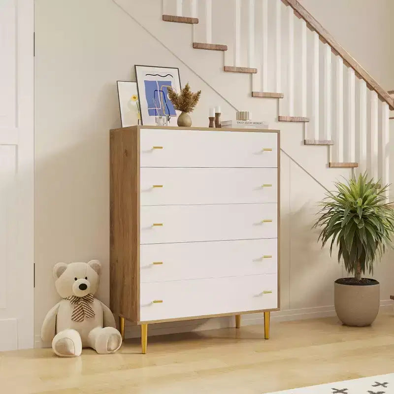 44" Farmhouse Dresser with 5 Drawers, Natural Wood Rustic Chest with Metal Bar Handles for Bedroom & Living Room
