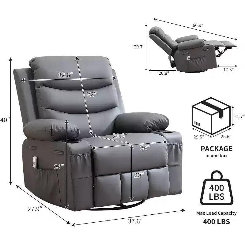 PU Leather Rocker Recliner Chair with Massage and Heat, Swivel Reclining Sofa with Cup Holder, Rocking Chair for Living Room, Bedroom