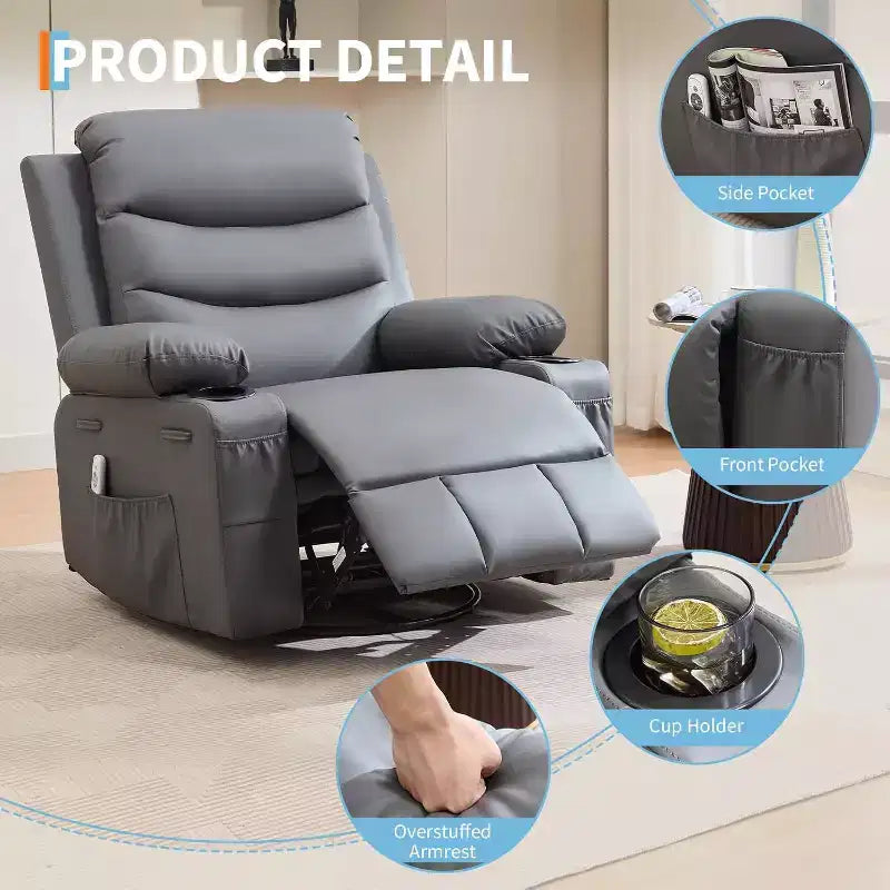 PU Leather Rocker Recliner Chair with Massage and Heat, Swivel Reclining Sofa with Cup Holder, Rocking Chair for Living Room, Bedroom