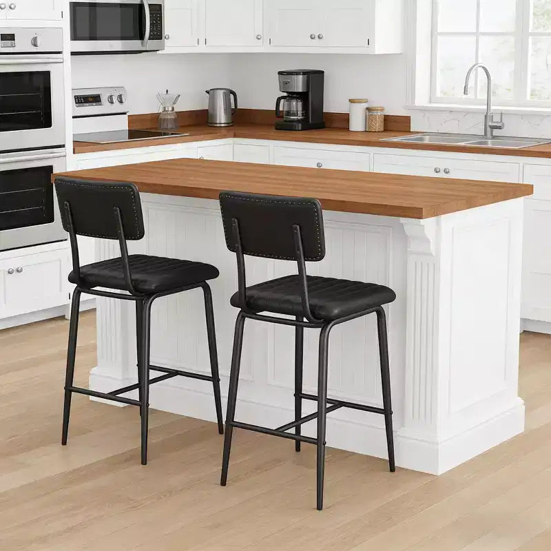 Set of 2 Bar Stools with Thick Cushion, High Back, Footrest and Reinforced Steel Frame, 25.6" Seat Height