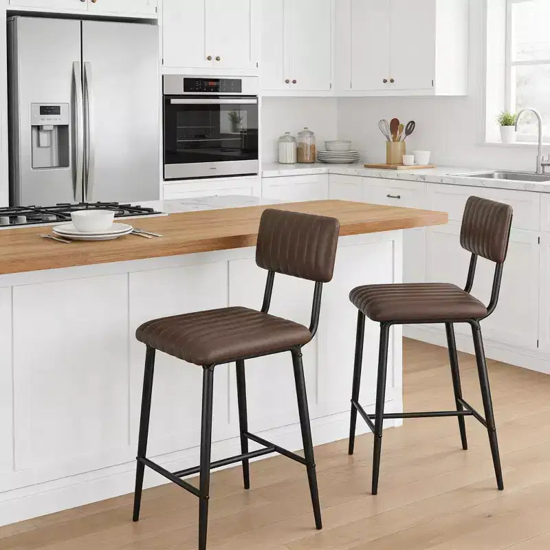 Set of 2 Bar Stools with Thick Cushion, High Back, Footrest and Reinforced Steel Frame, 25.6" Seat Height