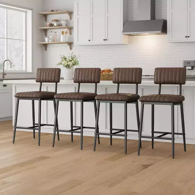 Set of 2 Bar Stools with Thick Cushion, High Back, Footrest and Reinforced Steel Frame, 25.6" Seat Height