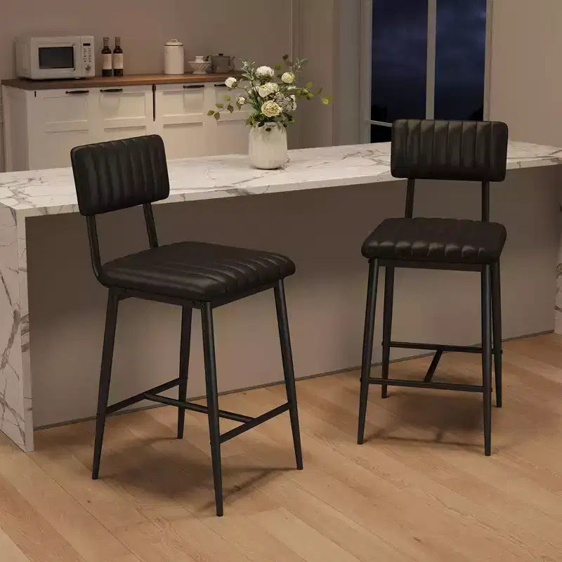 Set of 2 Bar Stools with Thick Cushion, High Back, Footrest and Reinforced Steel Frame, 25.6" Seat Height