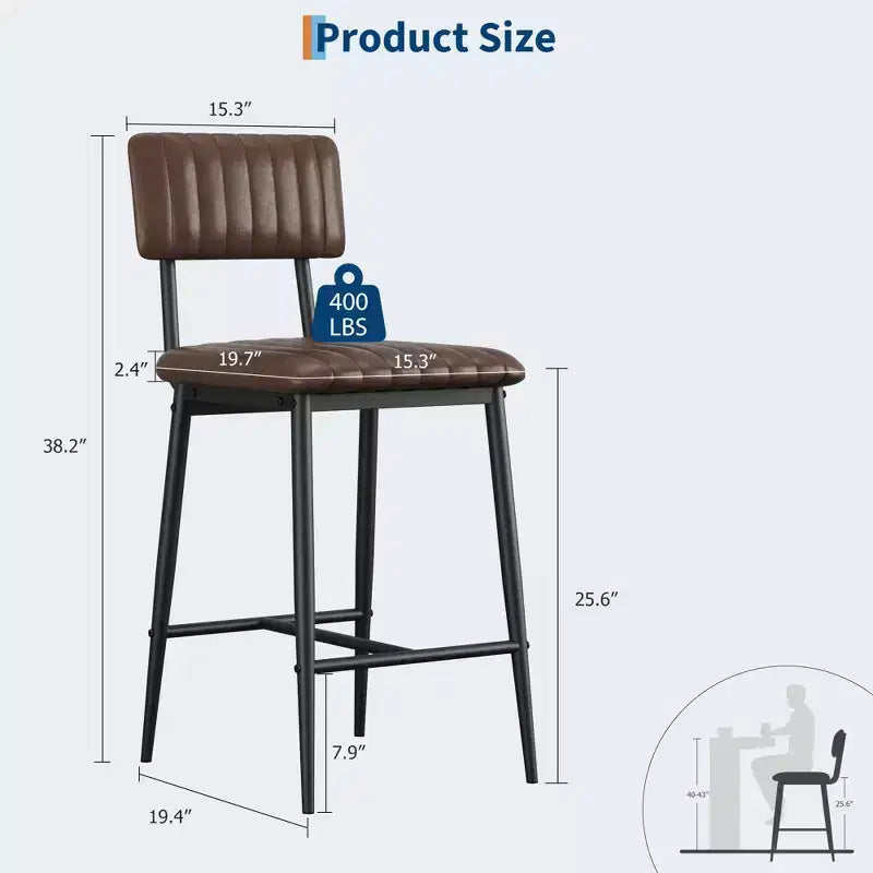 Set of 2 Bar Stools with Thick Cushion, High Back, Footrest and Reinforced Steel Frame, 25.6" Seat Height