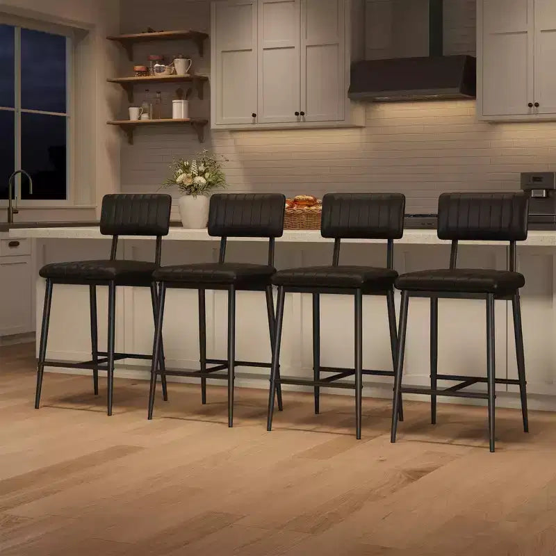 Set of 2 Bar Stools with Thick Cushion, High Back, Footrest and Reinforced Steel Frame, 25.6" Seat Height