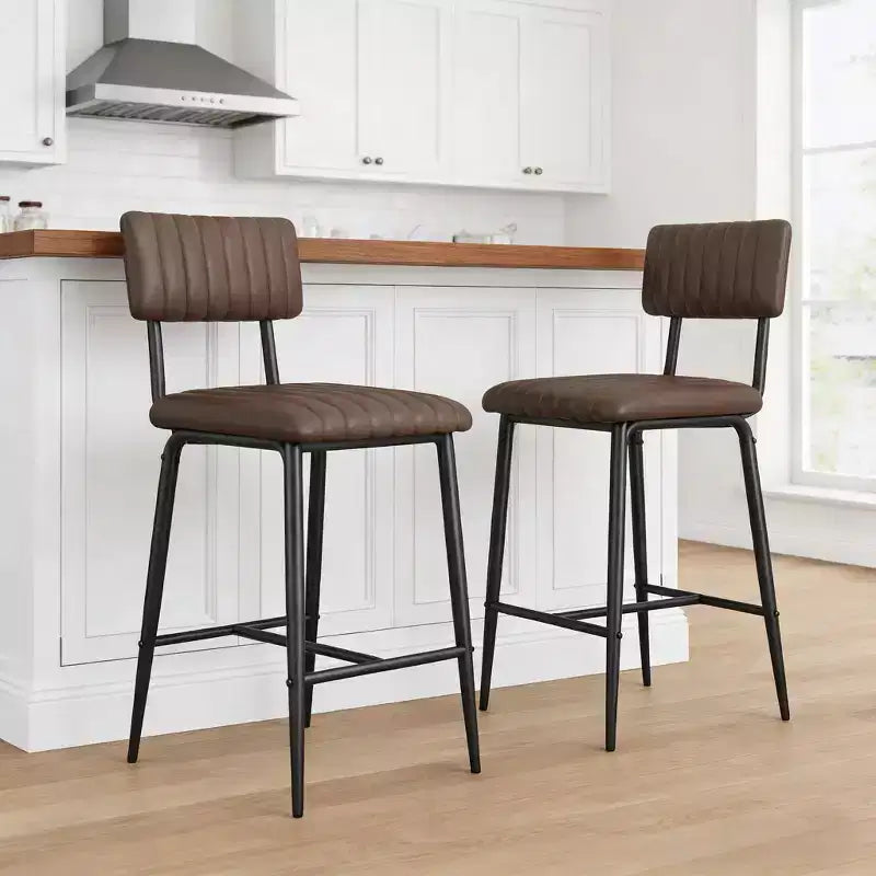 Set of 2 Bar Stools with Thick Cushion, High Back, Footrest and Reinforced Steel Frame, 25.6" Seat Height