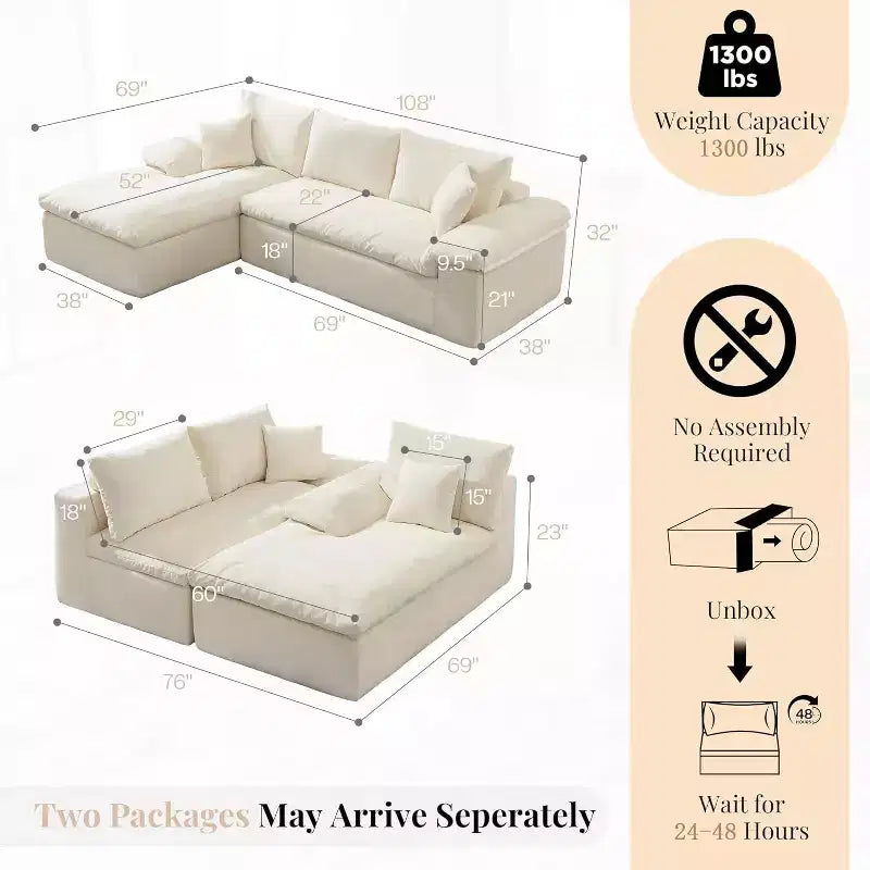 108 L-Shaped Boneless Sectional Sofa, Modern Oversized Cloud Couch for Living Room, No Assembly