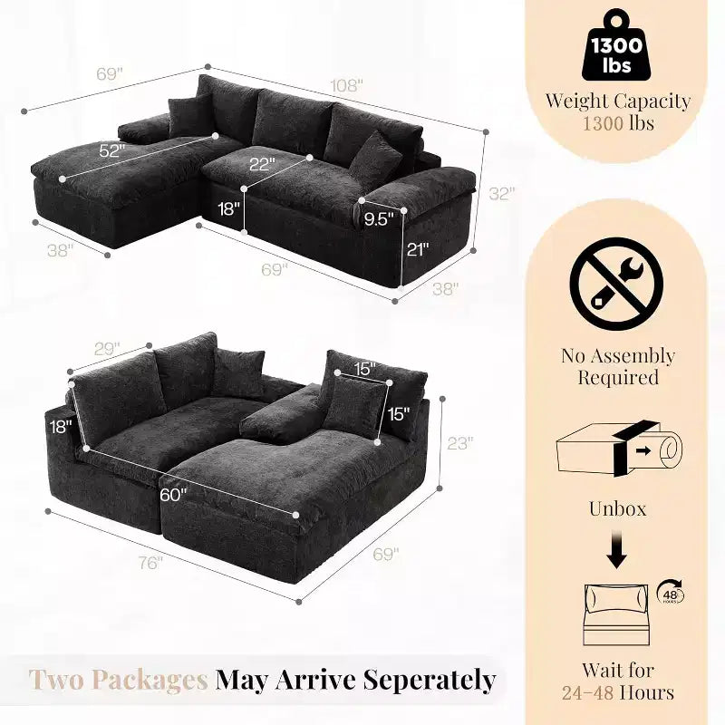 108 L-Shaped Boneless Sectional Sofa, Modern Oversized Cloud Couch for Living Room, No Assembly