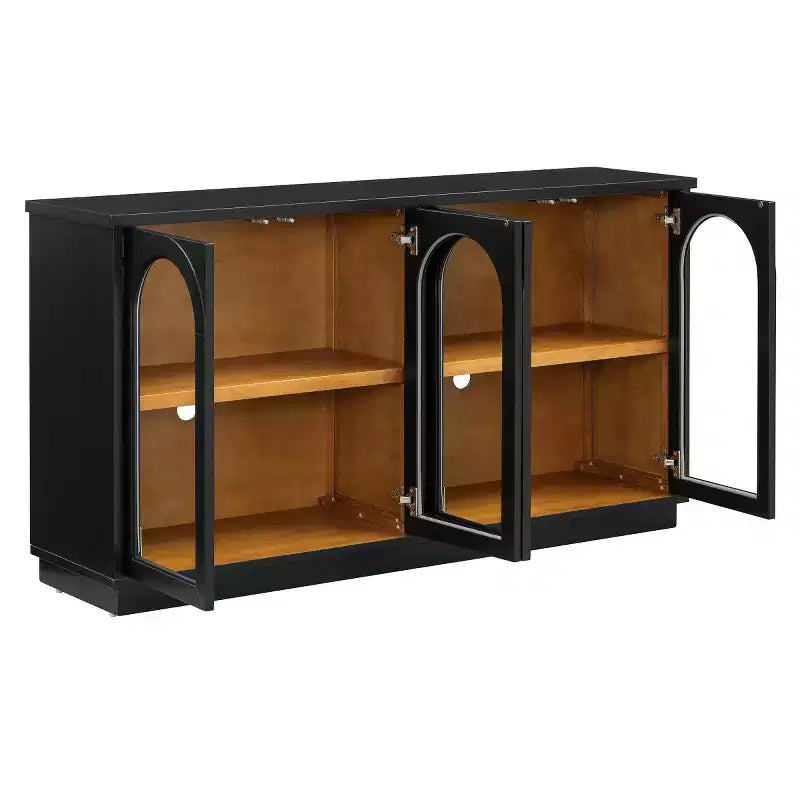 Modern Arched Glass Door Sideboard Buffet Cabinet, Black with Gold Accents, Adjustable Shelves, Push-to-Open