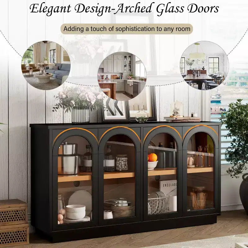 Modern Arched Glass Door Sideboard Buffet Cabinet, Black with Gold Accents, Adjustable Shelves, Push-to-Open