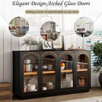 Modern Arched Glass Door Sideboard Buffet Cabinet, Black with Gold Accents, Adjustable Shelves, Push-to-Open