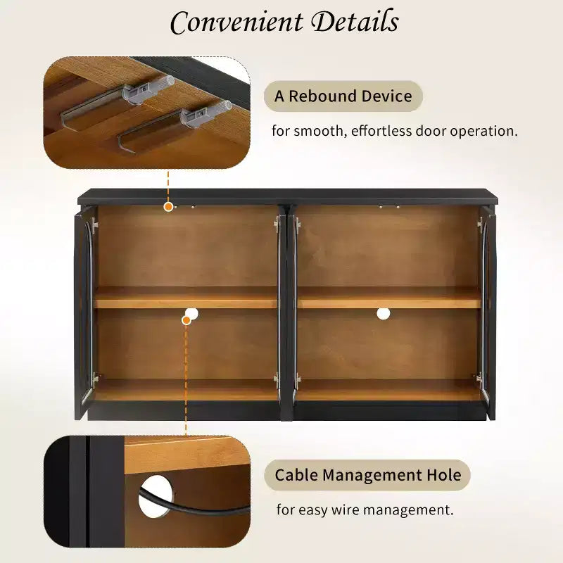 Modern Arched Glass Door Sideboard Buffet Cabinet, Black with Gold Accents, Adjustable Shelves, Push-to-Open