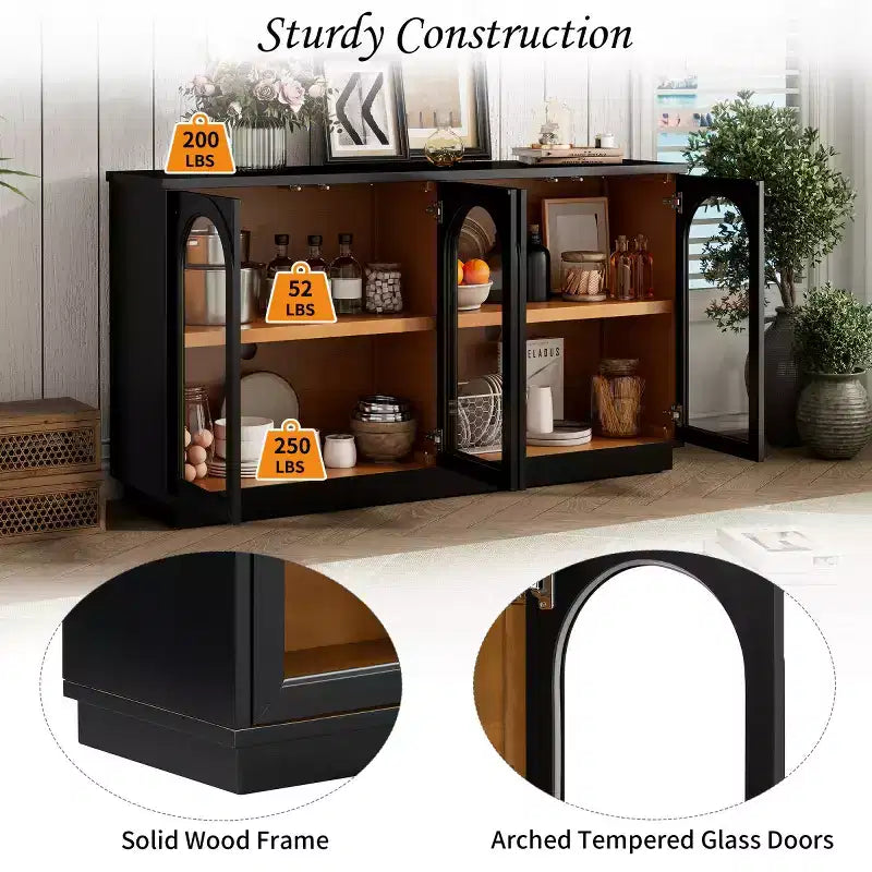 Modern Arched Glass Door Sideboard Buffet Cabinet, Black with Gold Accents, Adjustable Shelves, Push-to-Open