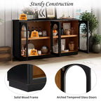 Modern Arched Glass Door Sideboard Buffet Cabinet, Black with Gold Accents, Adjustable Shelves, Push-to-Open