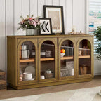 Modern Arched Glass Door Sideboard Buffet Cabinet, Black with Gold Accents, Adjustable Shelves, Push-to-Open