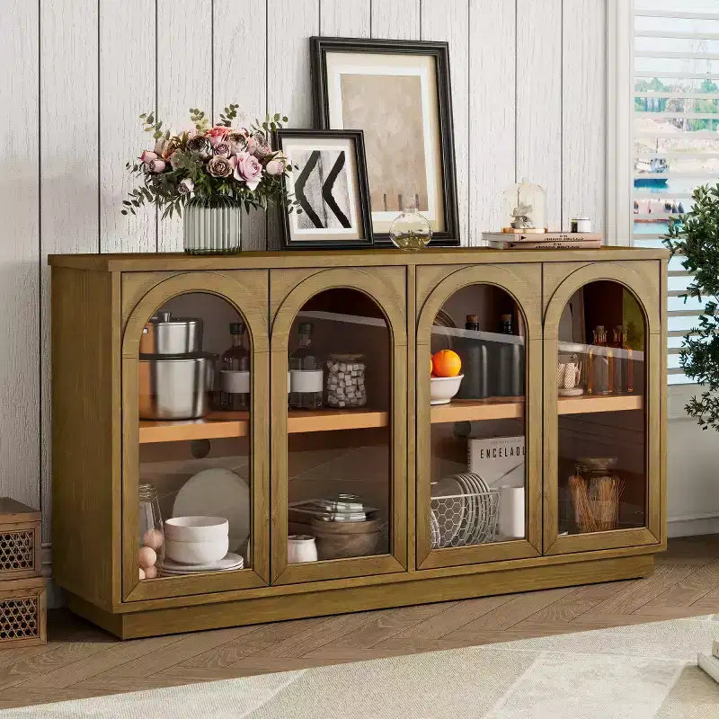 Modern Arched Glass Door Sideboard Buffet Cabinet, Black with Gold Accents, Adjustable Shelves, Push-to-Open