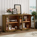 Modern Arched Glass Door Sideboard Buffet Cabinet, Black with Gold Accents, Adjustable Shelves, Push-to-Open