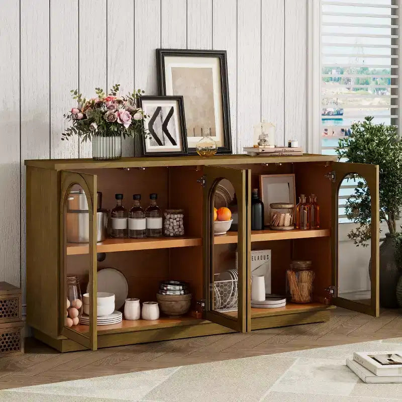 Modern Arched Glass Door Sideboard Buffet Cabinet, Black with Gold Accents, Adjustable Shelves, Push-to-Open