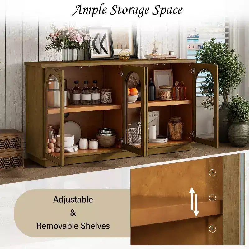 Modern Arched Glass Door Sideboard Buffet Cabinet, Black with Gold Accents, Adjustable Shelves, Push-to-Open