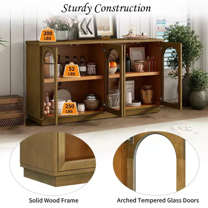 Modern Arched Glass Door Sideboard Buffet Cabinet, Black with Gold Accents, Adjustable Shelves, Push-to-Open