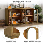 Modern Arched Glass Door Sideboard Buffet Cabinet, Black with Gold Accents, Adjustable Shelves, Push-to-Open