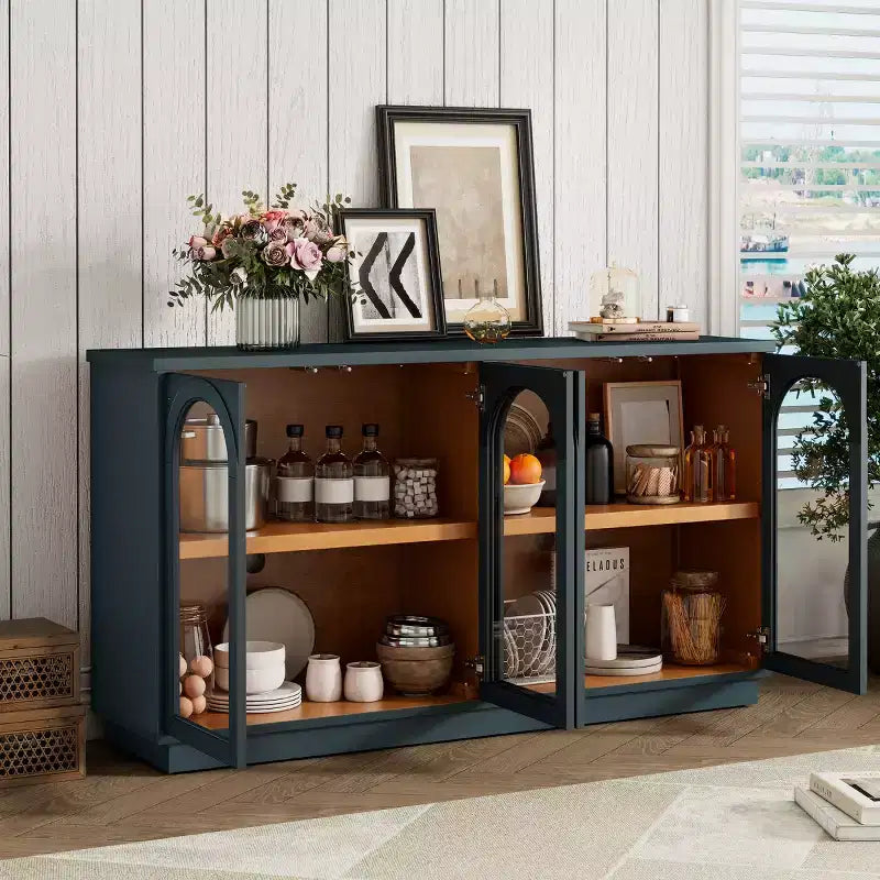 Modern Arched Glass Door Sideboard Buffet Cabinet, Black with Gold Accents, Adjustable Shelves, Push-to-Open