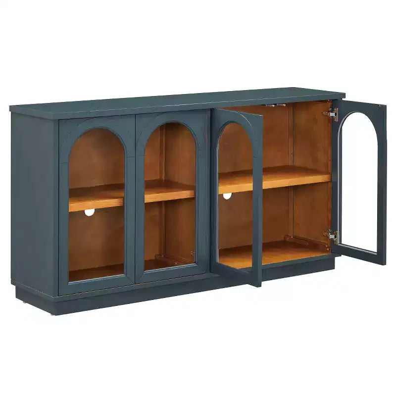 Modern Arched Glass Door Sideboard Buffet Cabinet, Black with Gold Accents, Adjustable Shelves, Push-to-Open