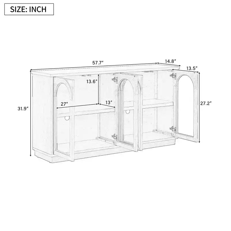 Modern Arched Glass Door Sideboard Buffet Cabinet, Black with Gold Accents, Adjustable Shelves, Push-to-Open