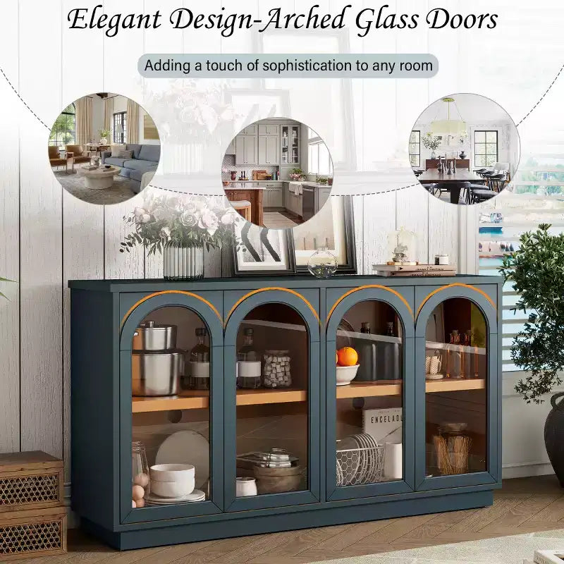 Modern Arched Glass Door Sideboard Buffet Cabinet, Black with Gold Accents, Adjustable Shelves, Push-to-Open